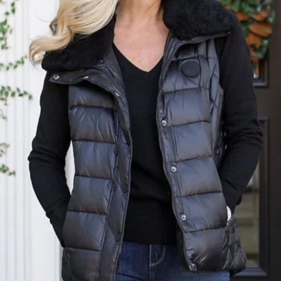 UGG Cobalt Blue Puffer Vest with Black Shearling Collar - Women's L